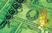medical sign and prescription laying on a surface of money